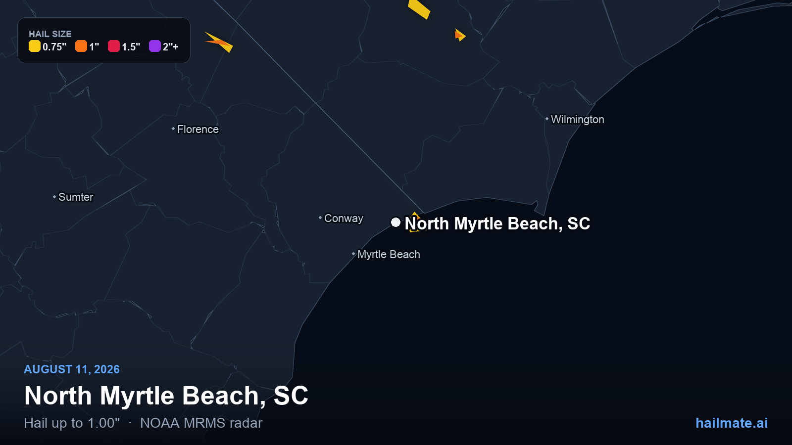 Hail swath map for North Myrtle Beach, SC on August 11, 2026 showing 1.00 inch hail.