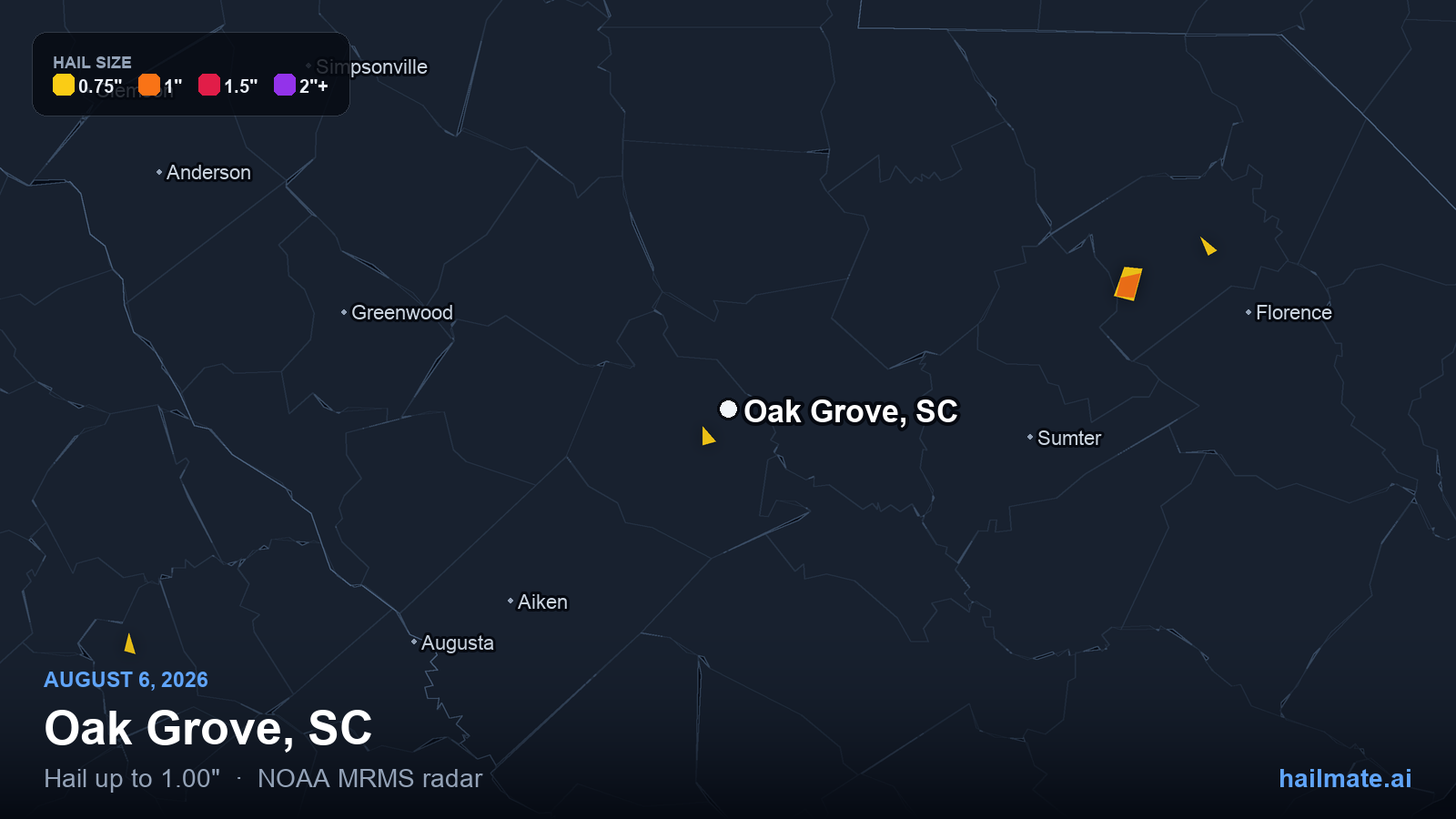 Hail swath map for Oak Grove, SC on August 6, 2026 showing 1.00 inch hail.