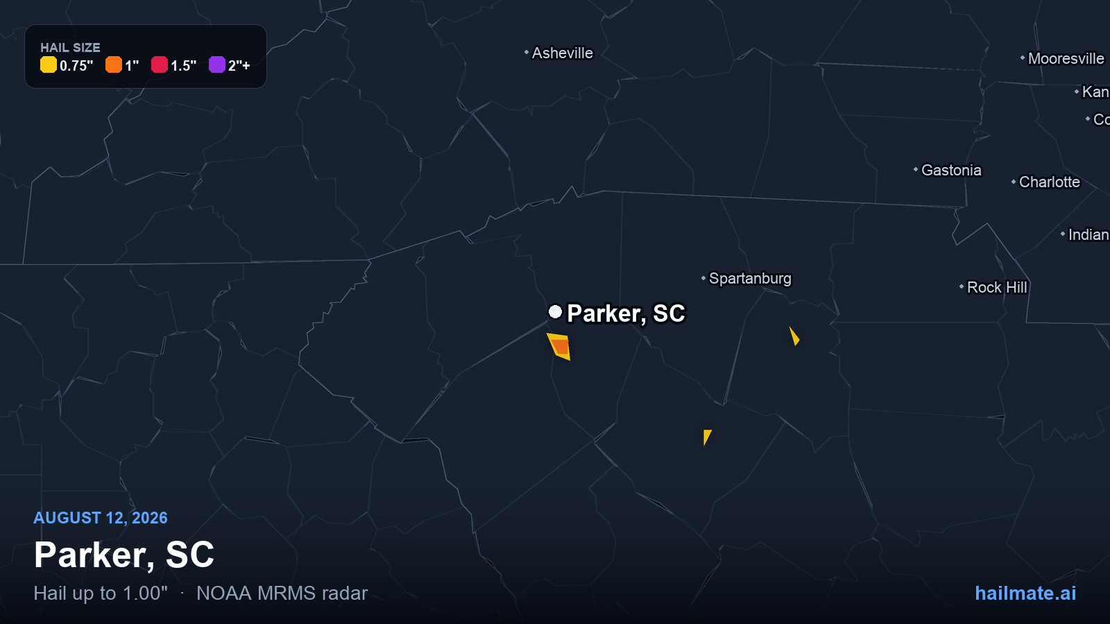 Hail swath map for Parker, SC on August 12, 2026 showing 1.00 inch hail.