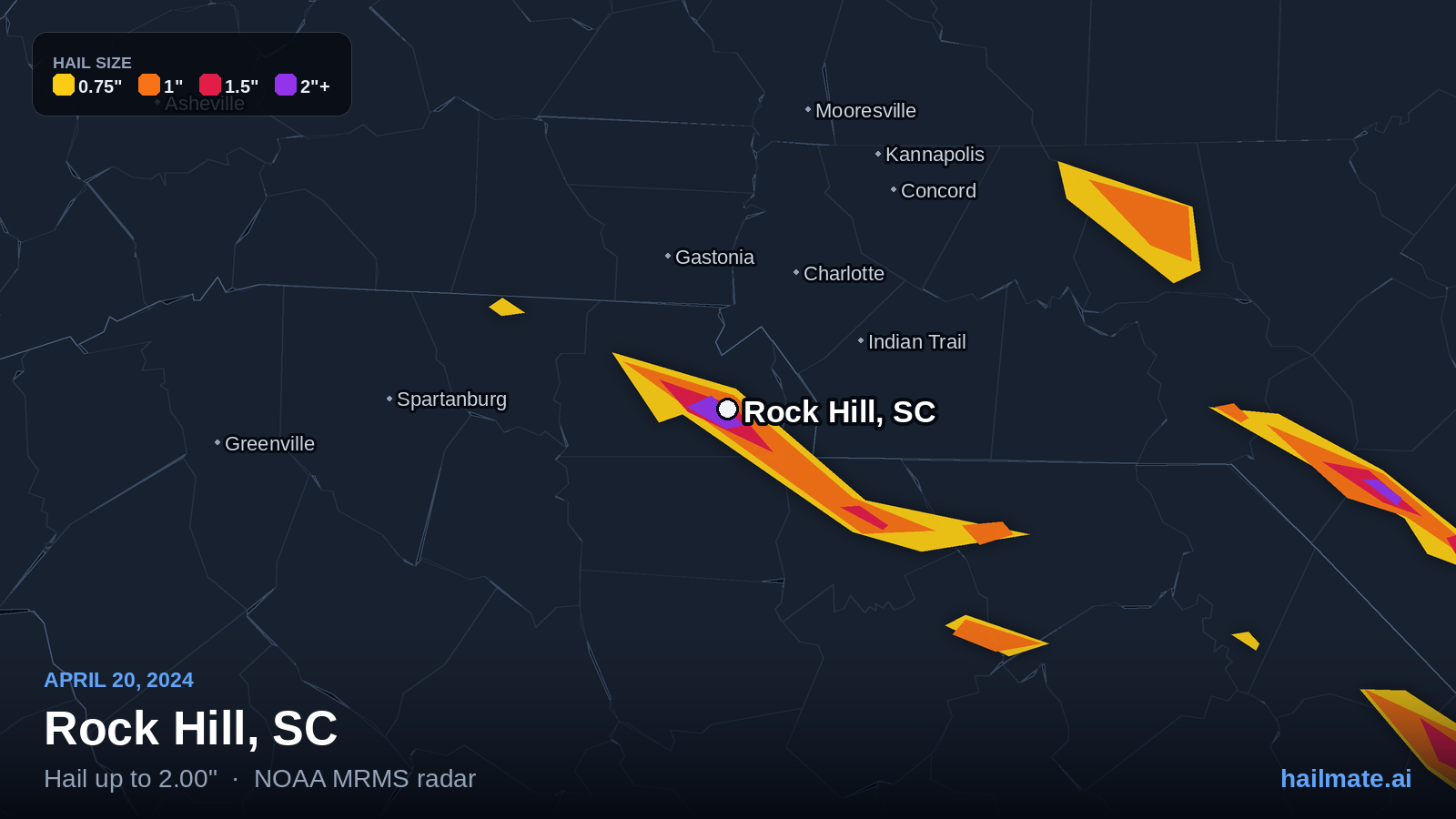 Hail swath map for Rock Hill, SC on April 20, 2024 showing 2.00 inch hail.