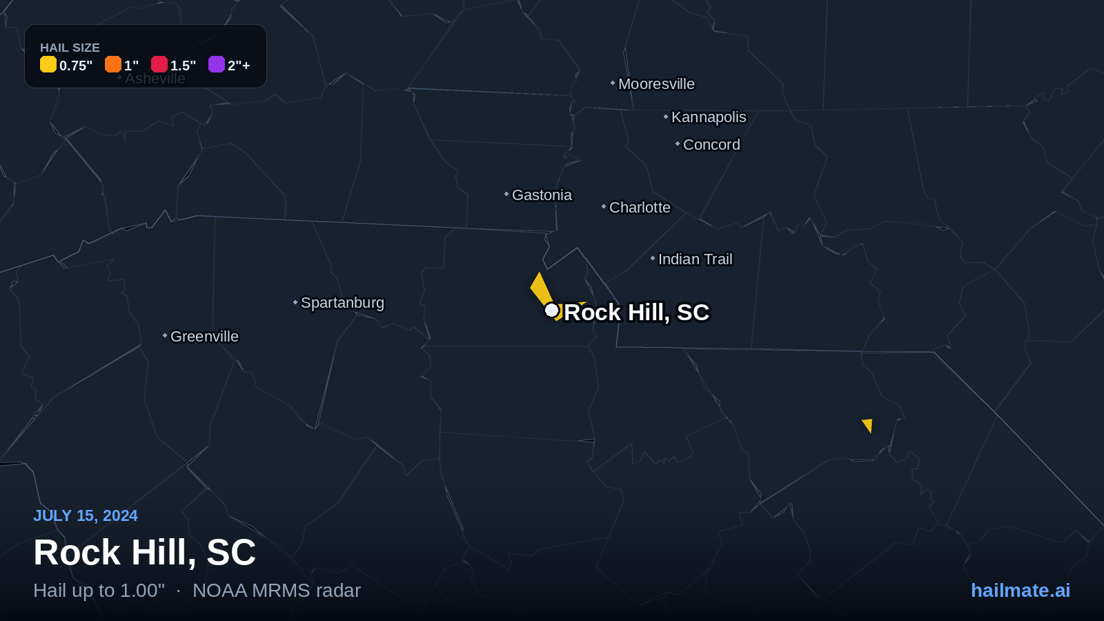 Hail swath map for Rock Hill, SC on July 15, 2024 showing 1.00 inch hail.