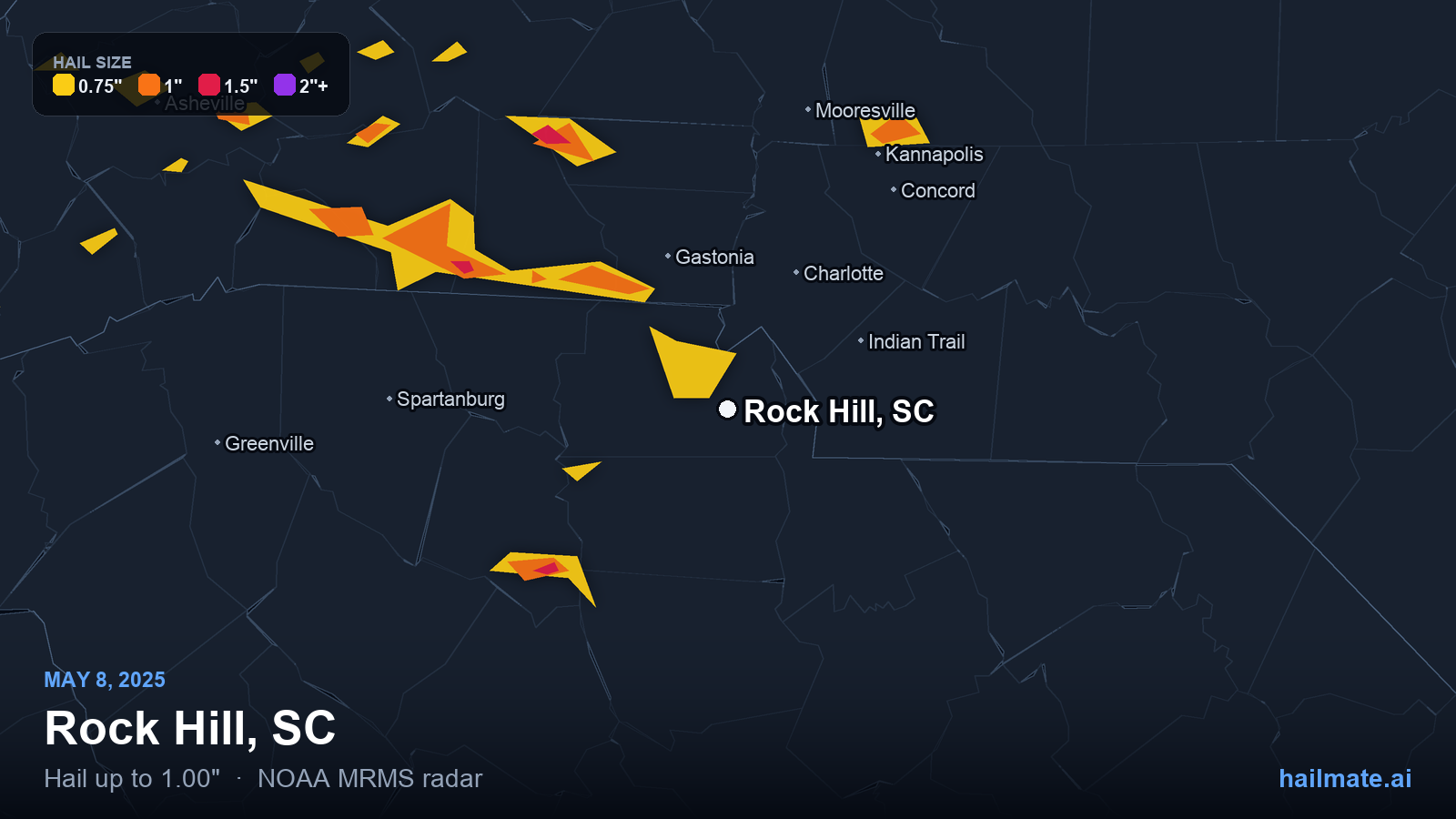 Hail swath map for Rock Hill, SC on May 8, 2025 showing 1.00 inch hail.