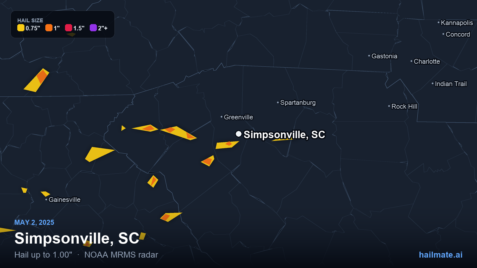 Hail swath map for Simpsonville, SC on May 2, 2025 showing 1.00 inch hail.