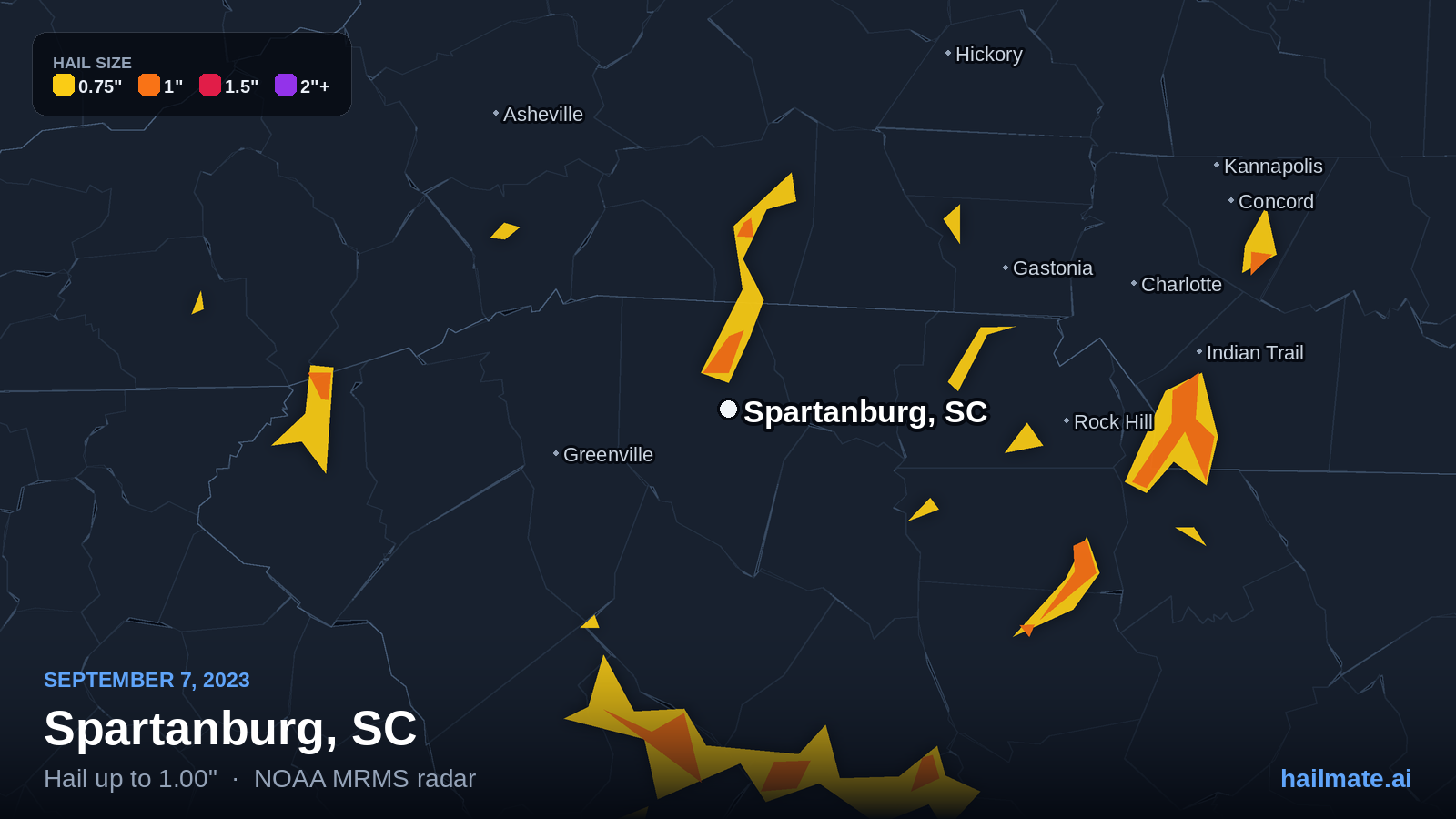Hail swath map for Spartanburg, SC on September 7, 2023 showing 1.00 inch hail.