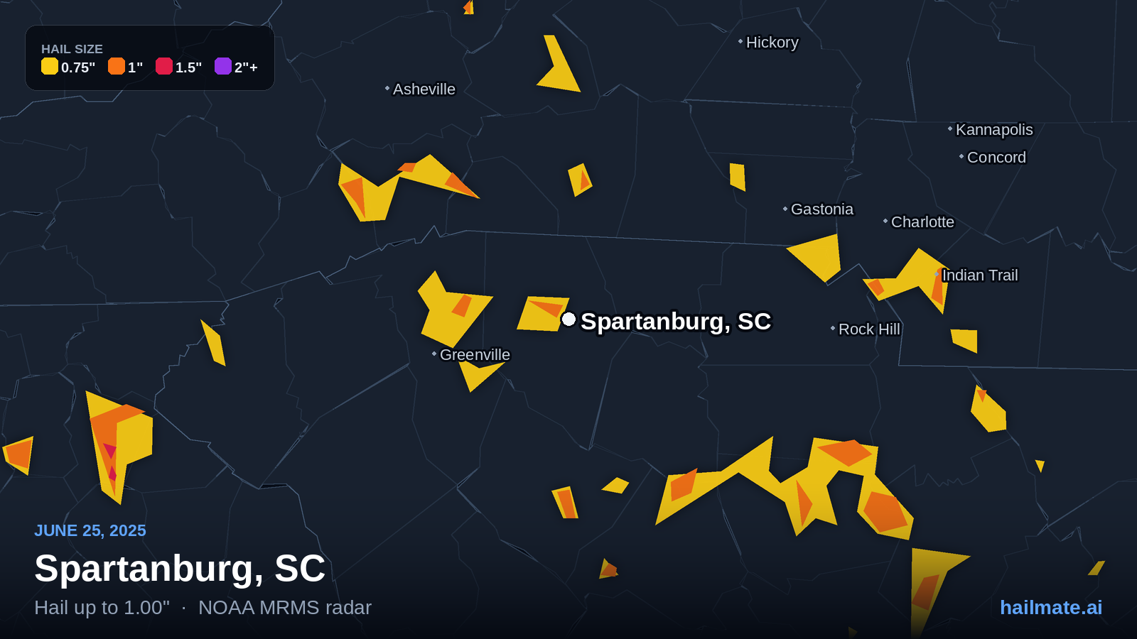 Hail swath map for Spartanburg, SC on June 25, 2025 showing 1.00 inch hail.