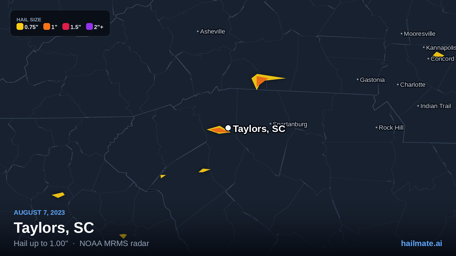 Hail swath map for Taylors, SC on August 7, 2023 showing 1.00 inch hail.