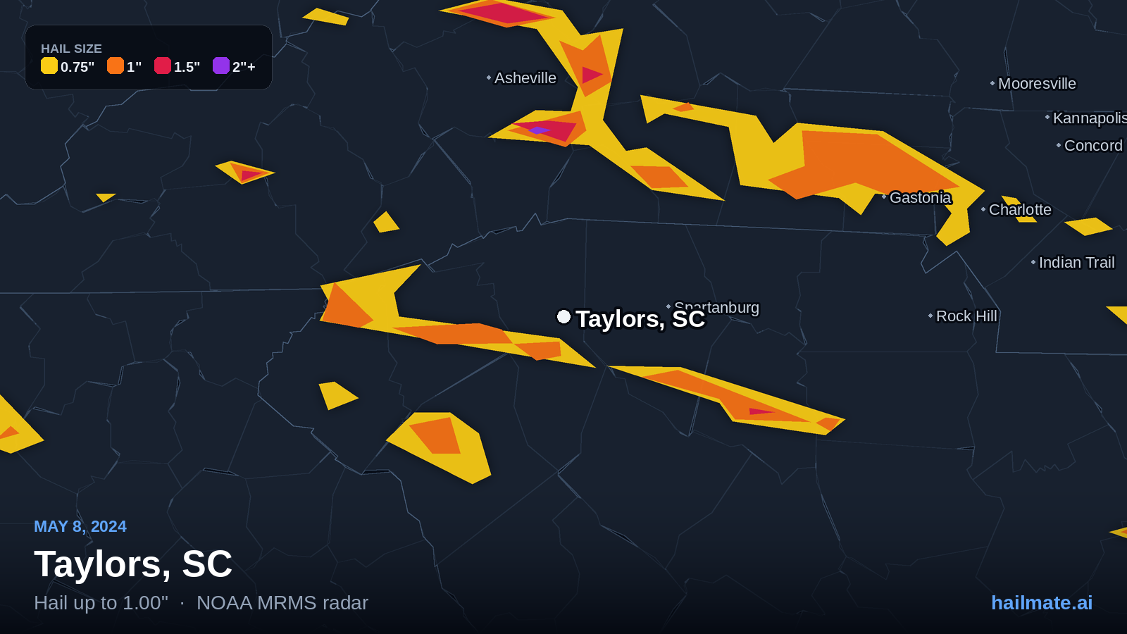 Hail swath map for Taylors, SC on May 8, 2024 showing 1.00 inch hail.