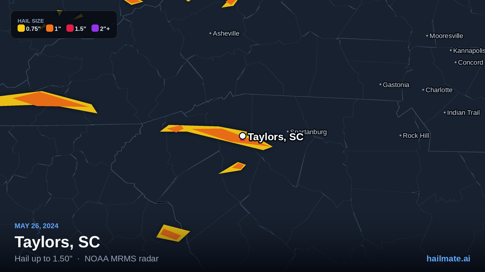Hail swath map for Taylors, SC on May 26, 2024 showing 1.50 inch hail.