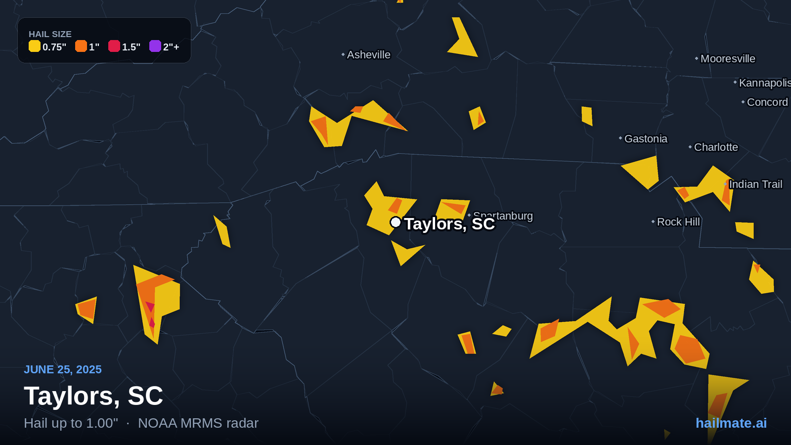 Hail swath map for Taylors, SC on June 25, 2025 showing 1.00 inch hail.