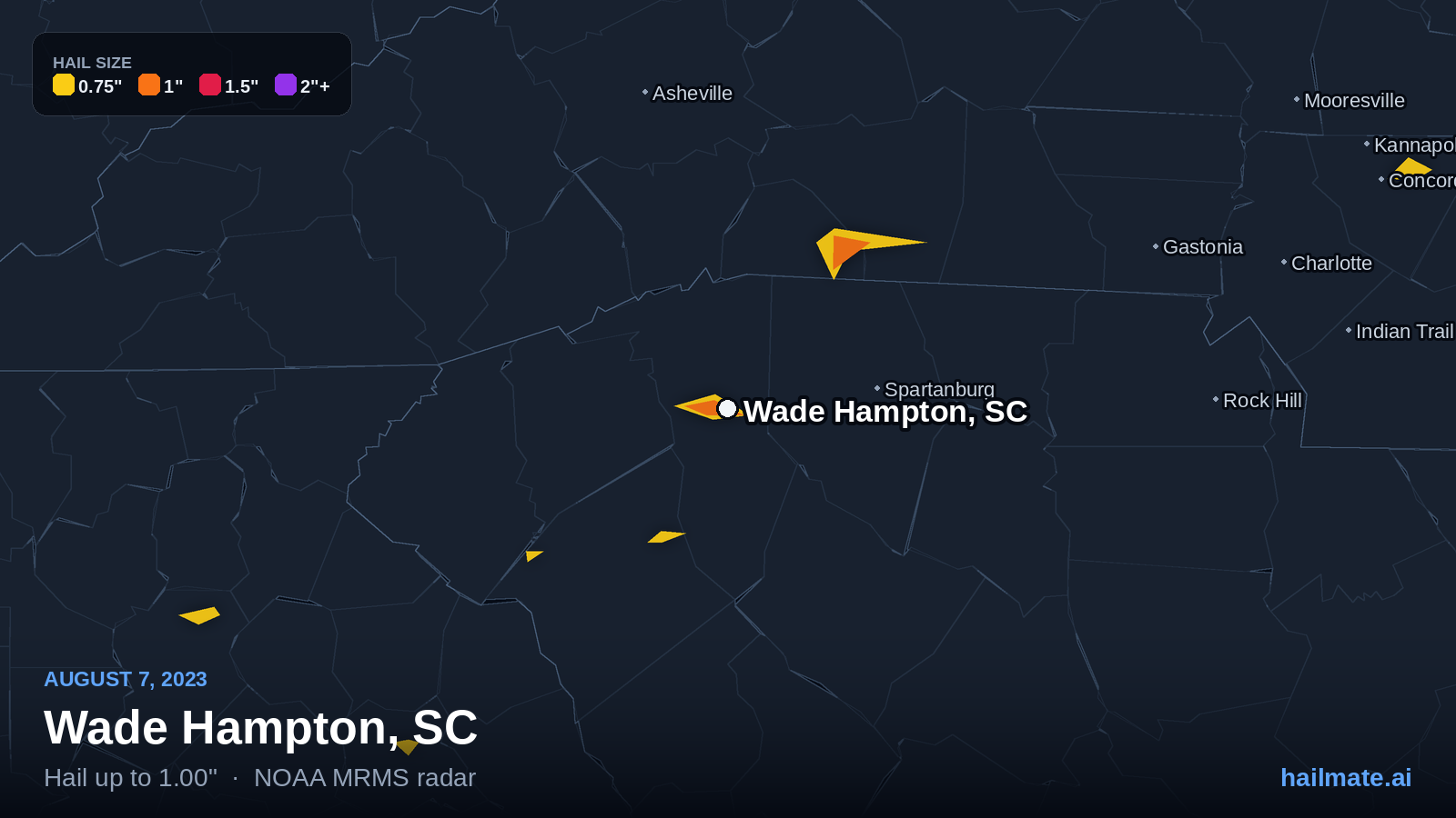 Hail swath map for Wade Hampton, SC on August 7, 2023 showing 1.00 inch hail.