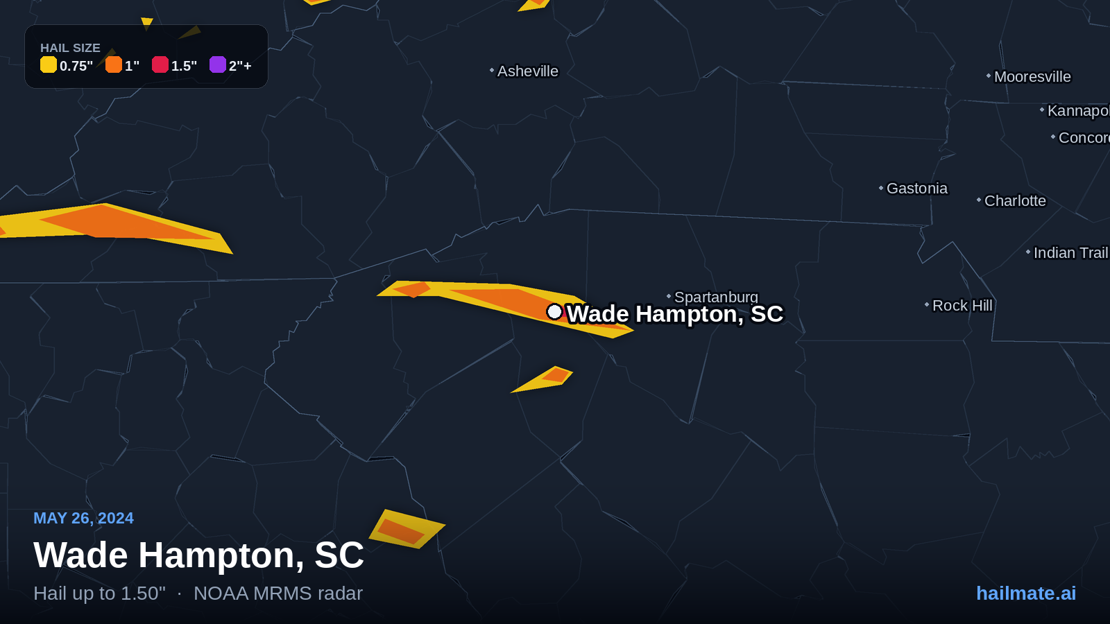 Hail swath map for Wade Hampton, SC on May 26, 2024 showing 1.50 inch hail.