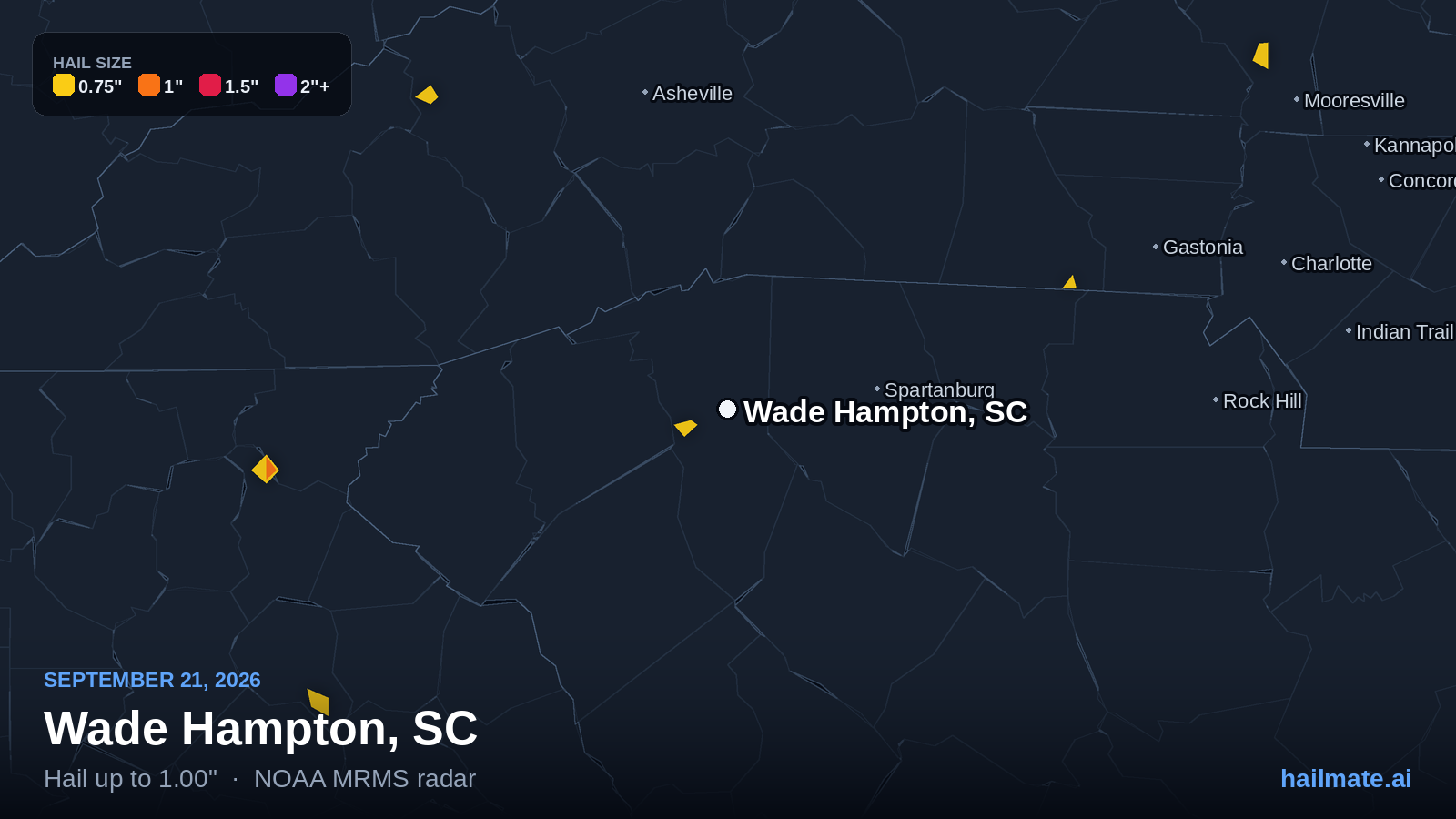Hail swath map for Wade Hampton, SC on September 21, 2026 showing 1.00 inch hail.