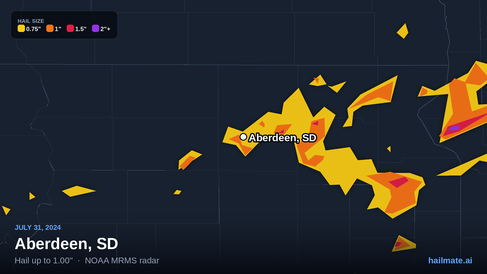 Hail swath map for Aberdeen, SD on July 31, 2024 showing 1.00 inch hail.