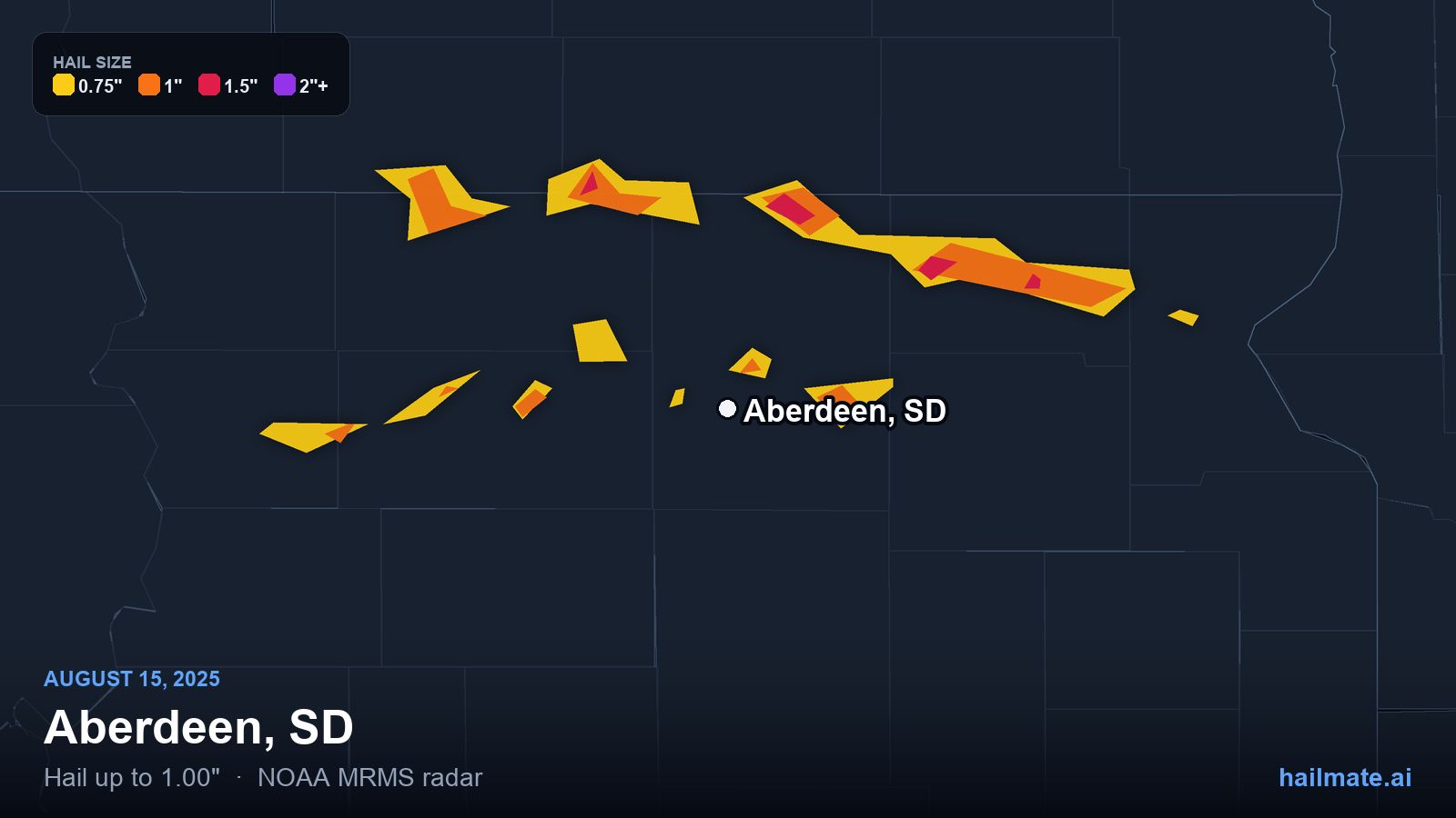 Hail swath map for Aberdeen, SD on August 15, 2025 showing 1.00 inch hail.