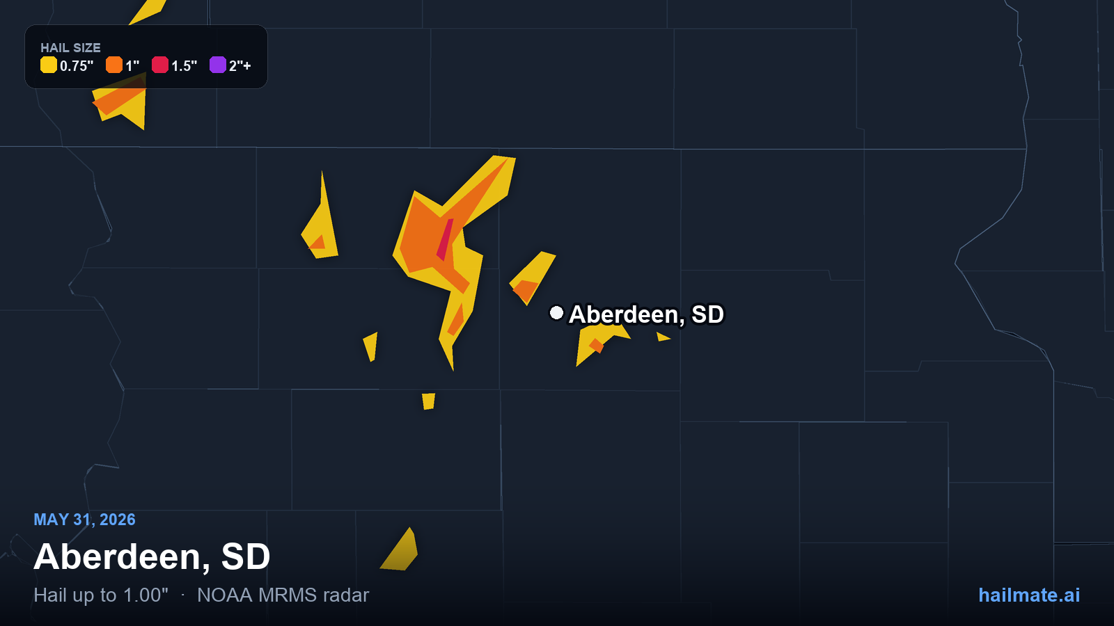 Hail swath map for Aberdeen, SD on May 31, 2026 showing 1.00 inch hail.