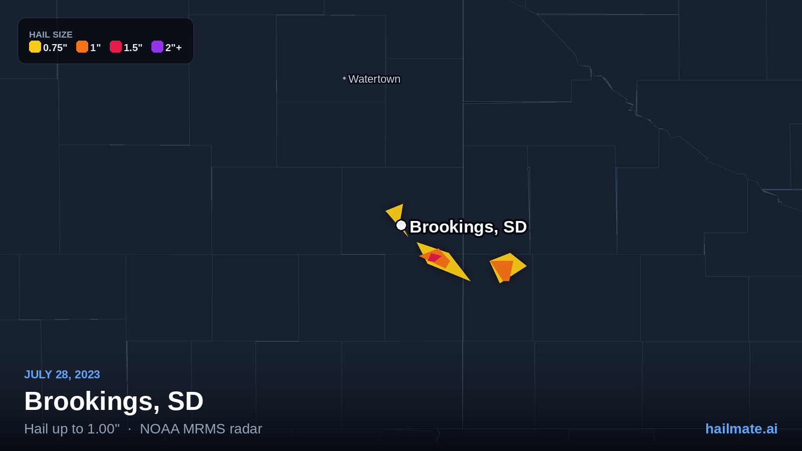 Hail swath map for Brookings, SD on July 28, 2023 showing 1.00 inch hail.