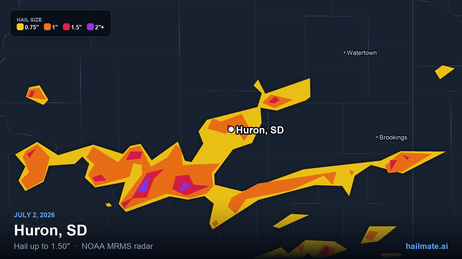 Hail swath map for Huron, SD on July 2, 2026 showing 1.50 inch hail.
