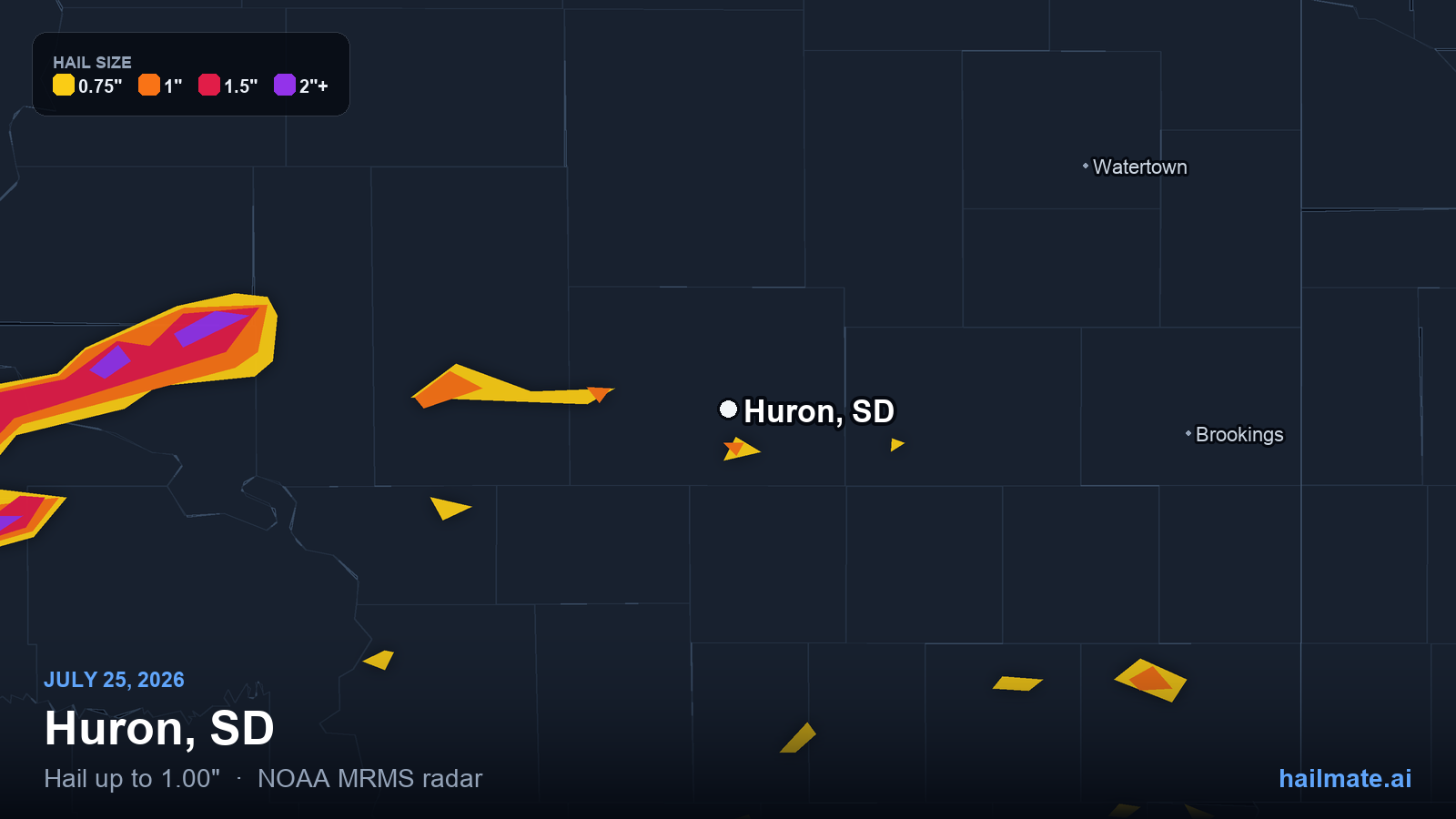 Hail swath map for Huron, SD on July 25, 2026 showing 1.00 inch hail.