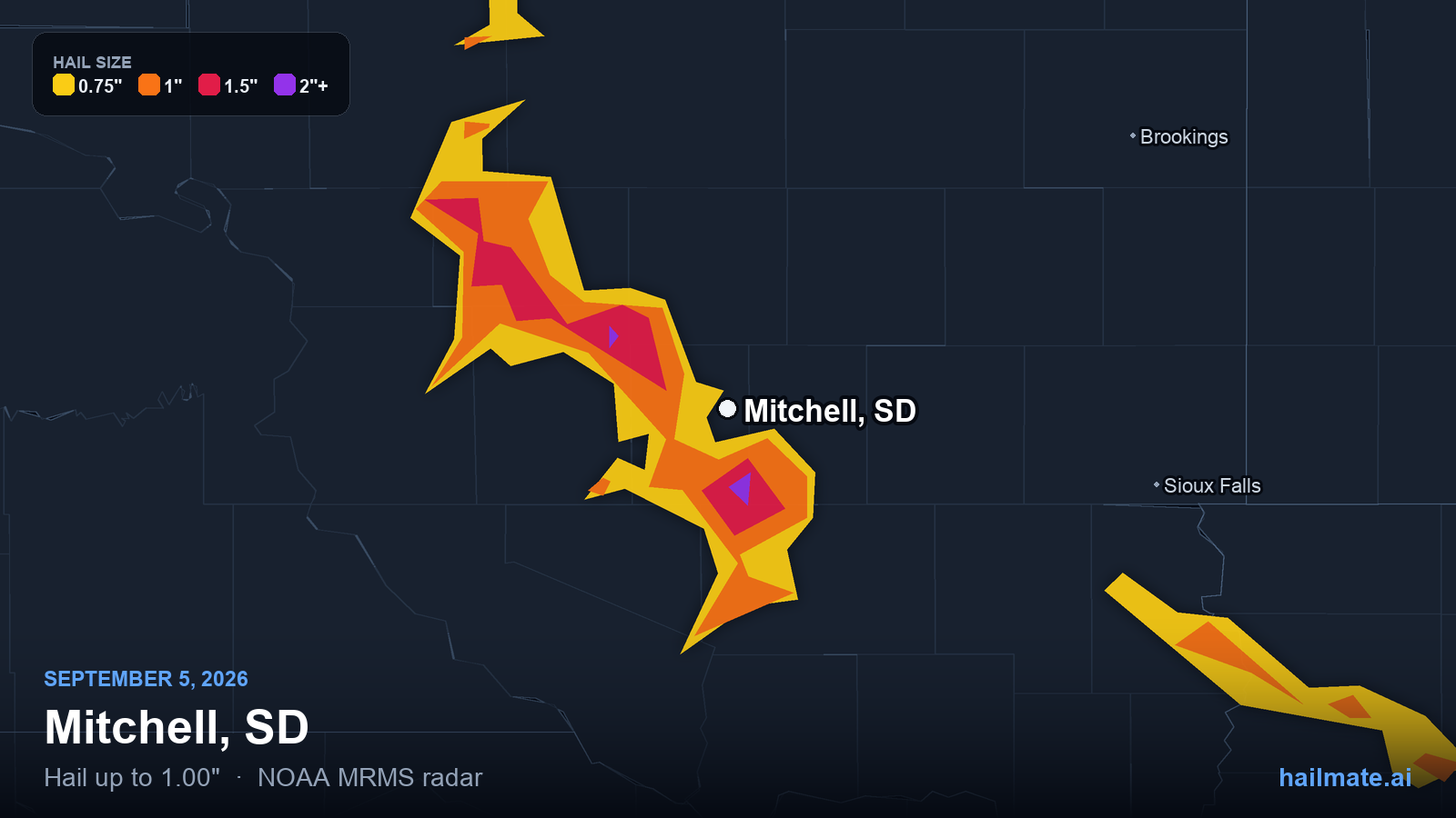 Hail swath map for Mitchell, SD on September 5, 2026 showing 1.00 inch hail.