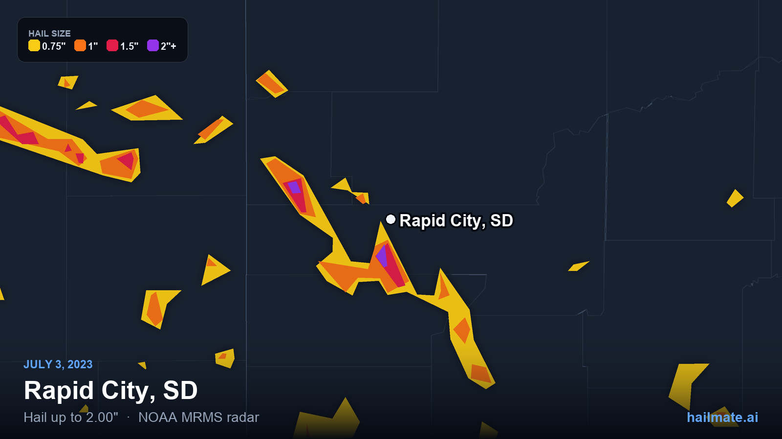 Hail swath map for Rapid City, SD on July 3, 2023 showing 2.00 inch hail.