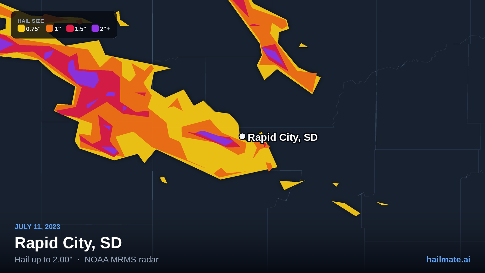 Hail swath map for Rapid City, SD on July 11, 2023 showing 2.00 inch hail.