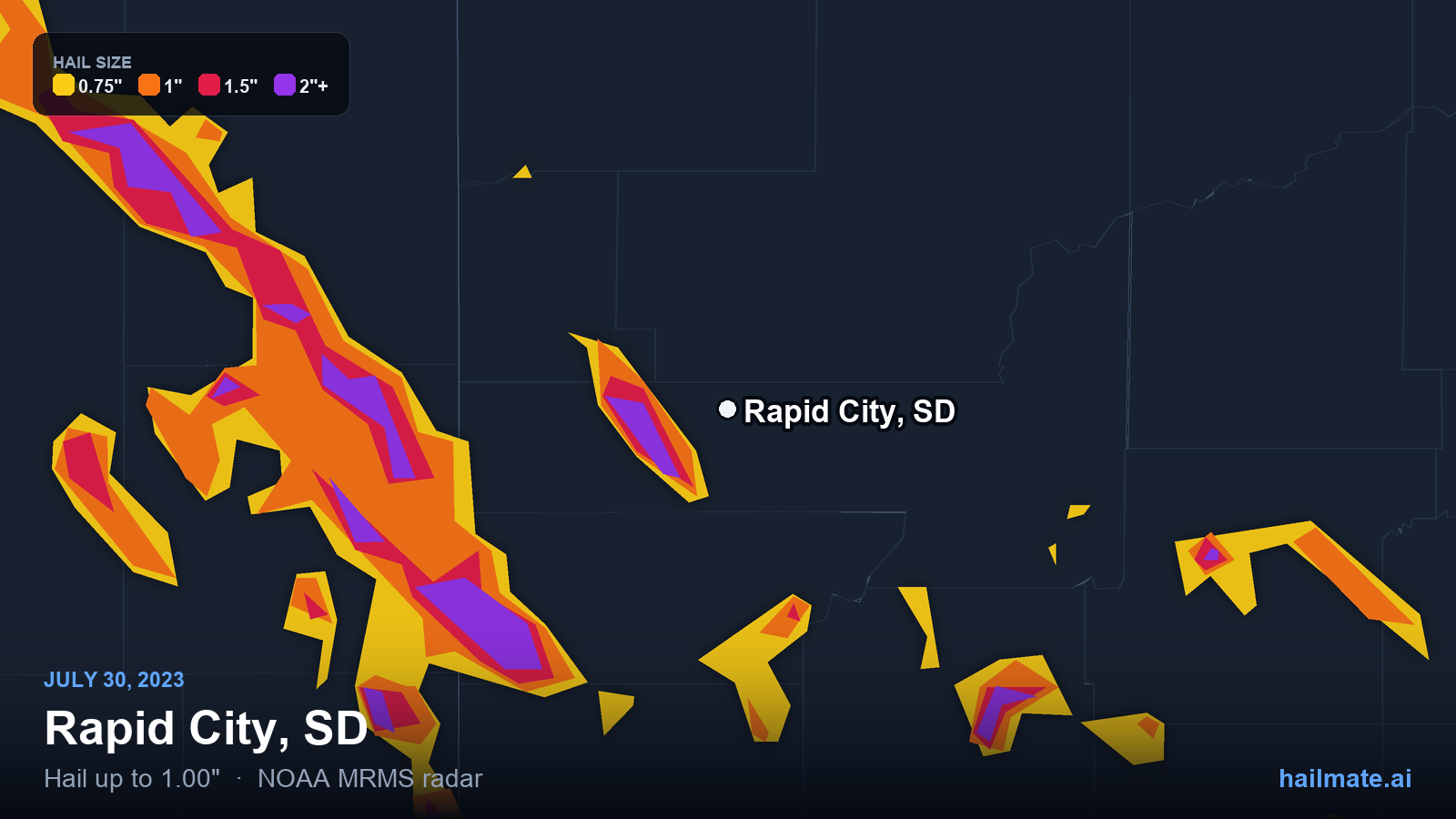 Hail swath map for Rapid City, SD on July 30, 2023 showing 1.00 inch hail.