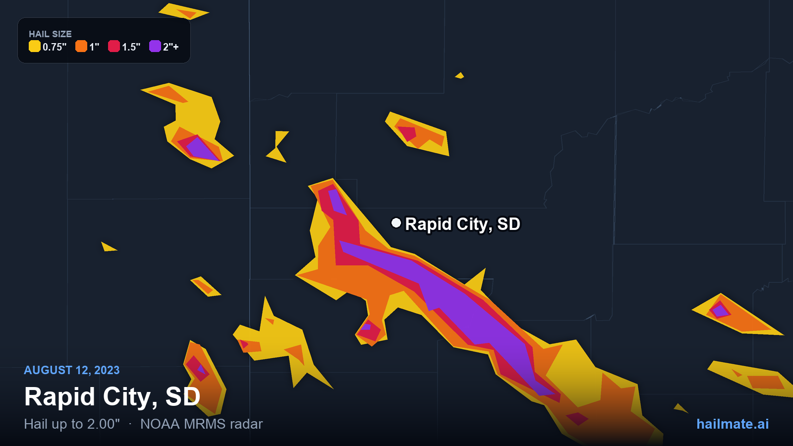 Hail swath map for Rapid City, SD on August 12, 2023 showing 2.00 inch hail.