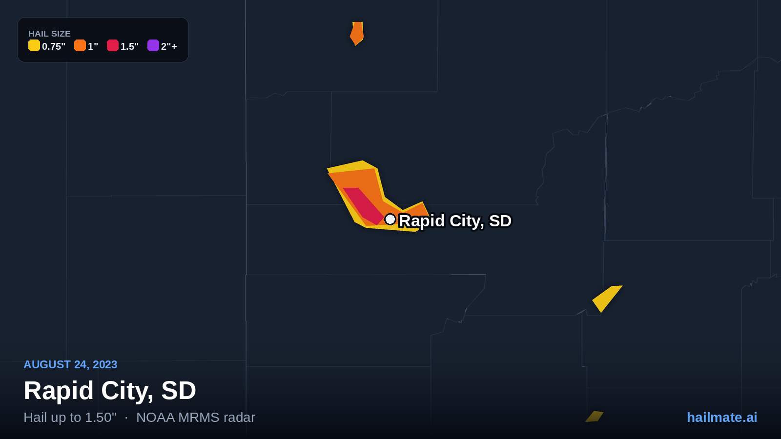 Hail swath map for Rapid City, SD on August 24, 2023 showing 1.50 inch hail.
