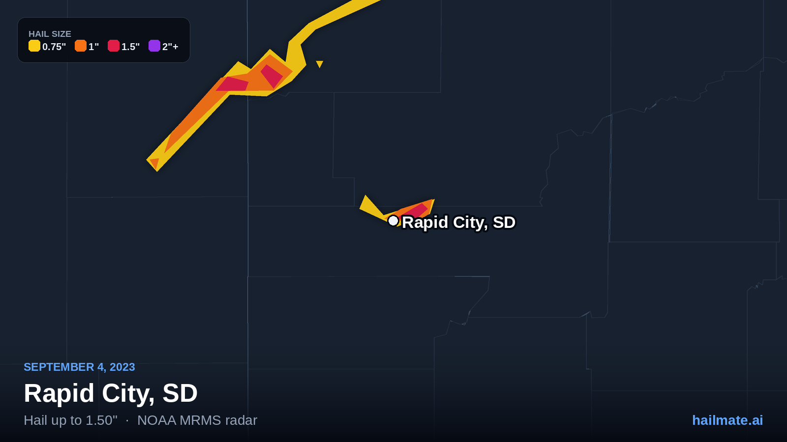Hail swath map for Rapid City, SD on September 4, 2023 showing 1.50 inch hail.
