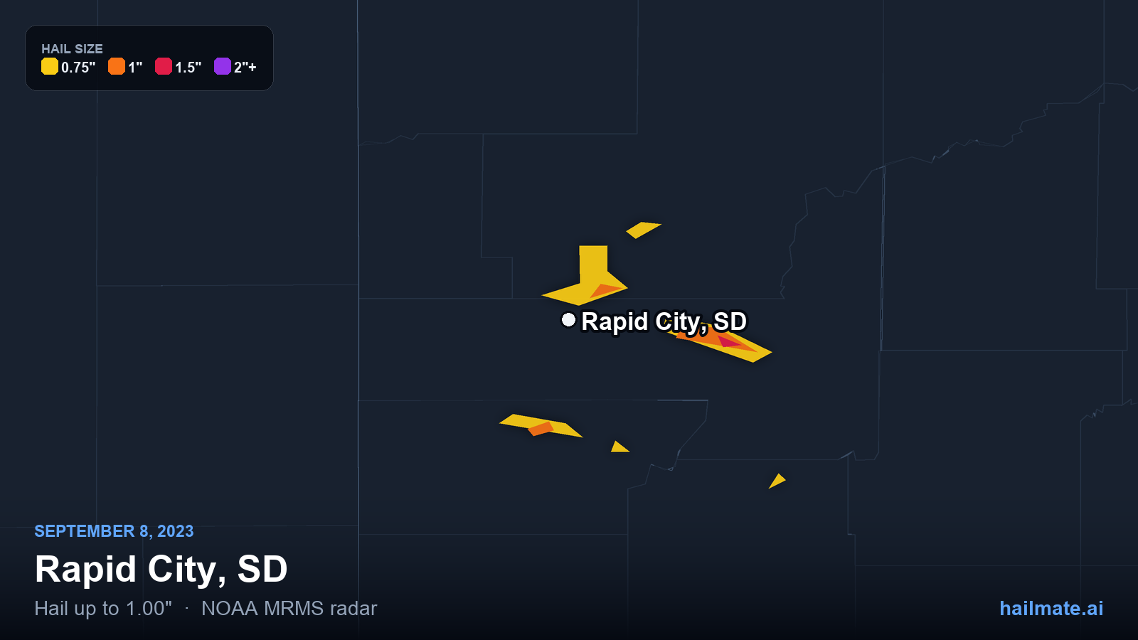 Hail swath map for Rapid City, SD on September 8, 2023 showing 1.00 inch hail.