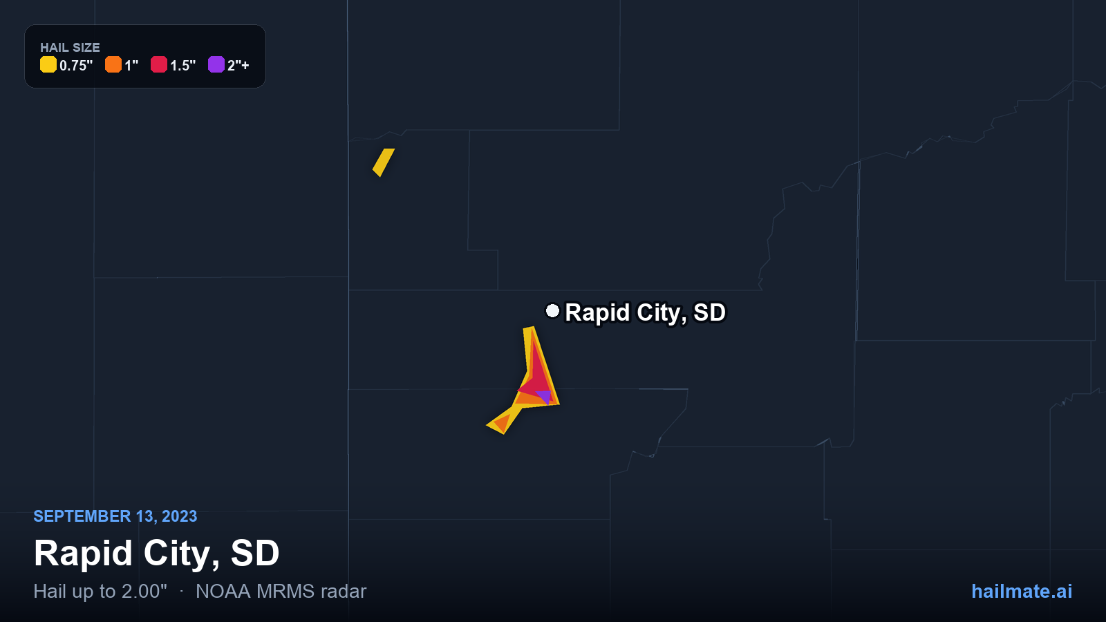 Hail swath map for Rapid City, SD on September 13, 2023 showing 2.00 inch hail.