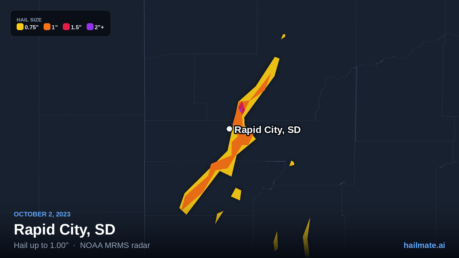 Hail swath map for Rapid City, SD on October 2, 2023 showing 1.00 inch hail.