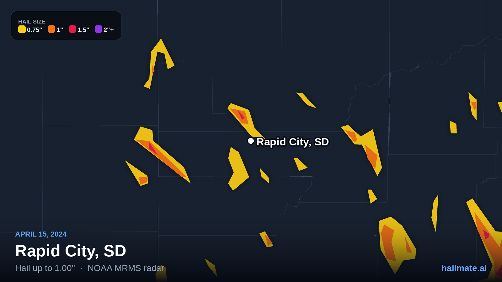Hail swath map for Rapid City, SD on April 15, 2024 showing 1.00 inch hail.