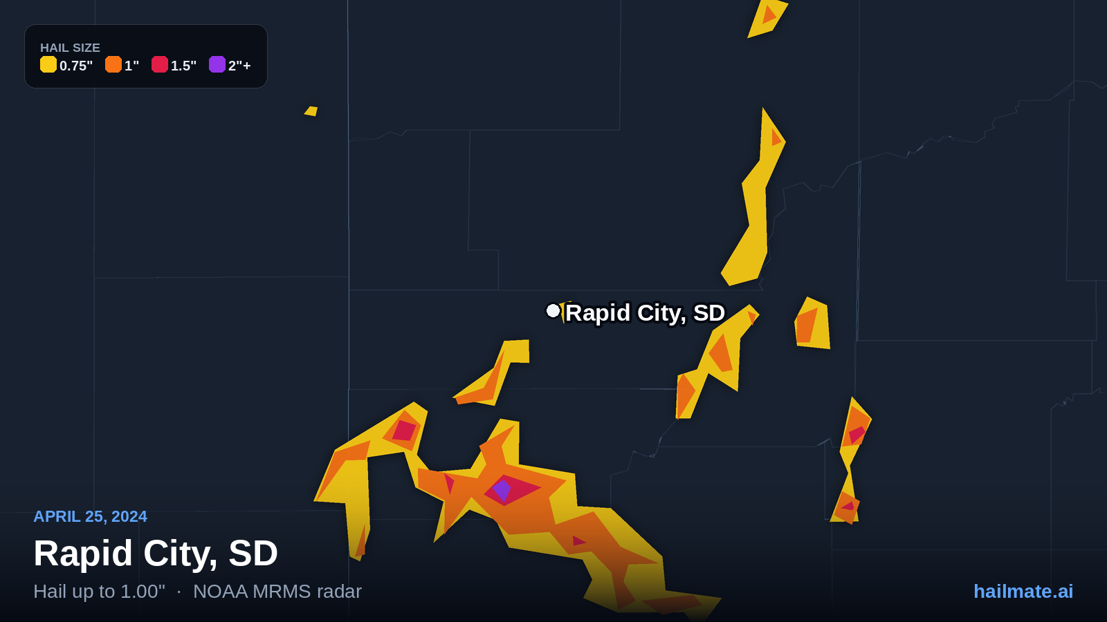 Hail swath map for Rapid City, SD on April 25, 2024 showing 1.00 inch hail.