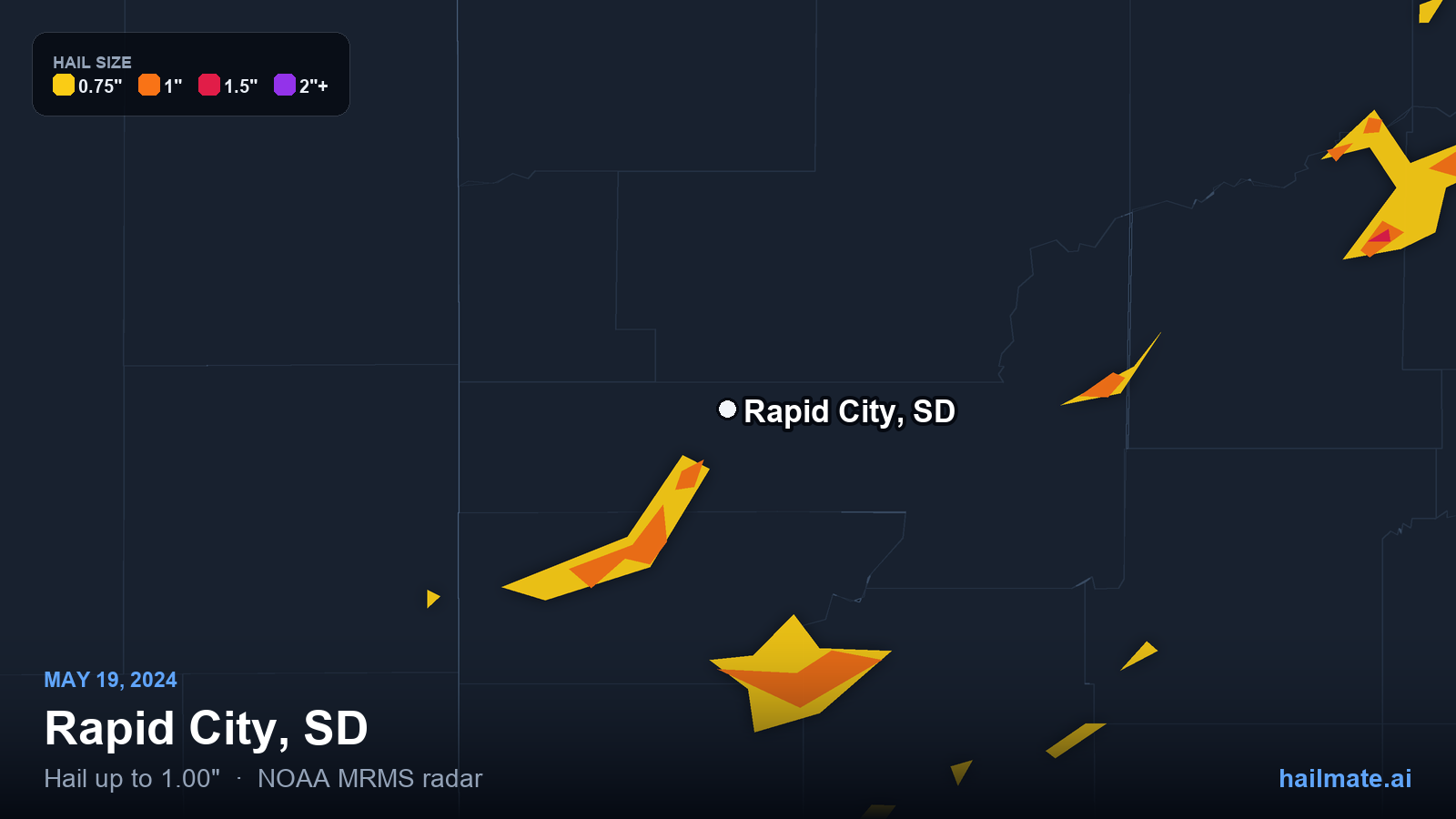 Hail swath map for Rapid City, SD on May 19, 2024 showing 1.00 inch hail.