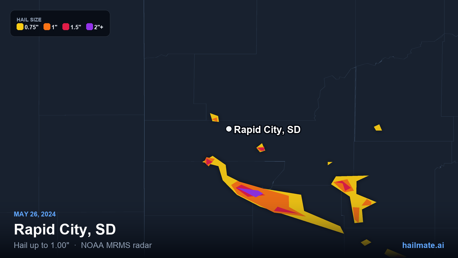 Hail swath map for Rapid City, SD on May 26, 2024 showing 1.00 inch hail.