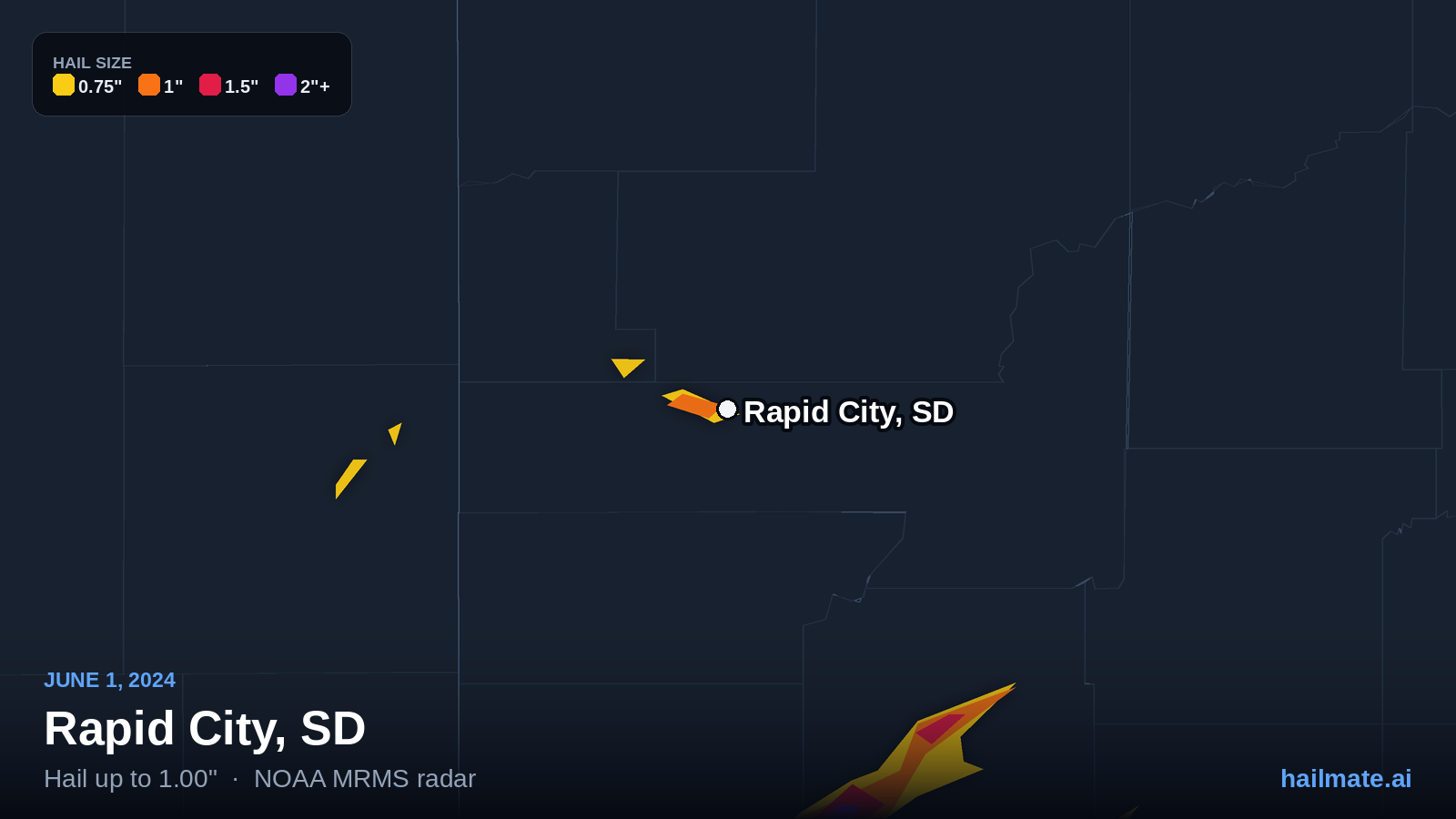 Hail swath map for Rapid City, SD on June 1, 2024 showing 1.00 inch hail.