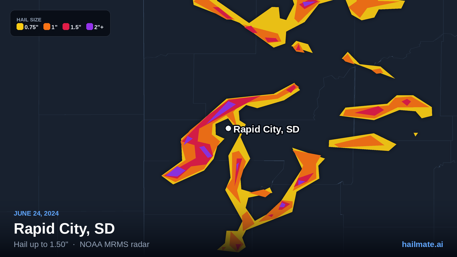 Hail swath map for Rapid City, SD on June 24, 2024 showing 1.50 inch hail.