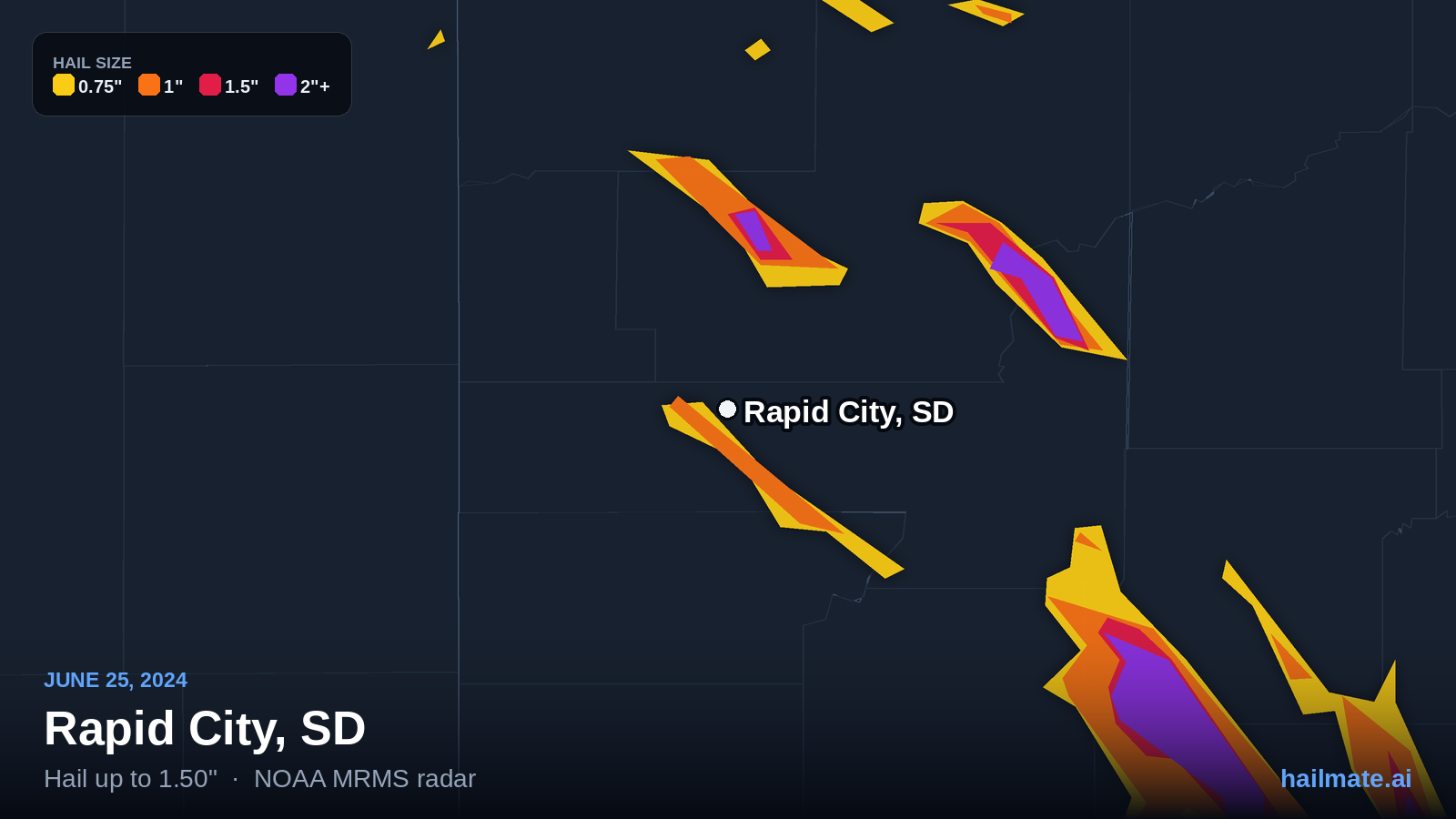 Hail swath map for Rapid City, SD on June 25, 2024 showing 1.50 inch hail.