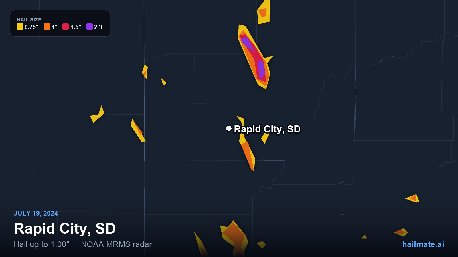 Hail swath map for Rapid City, SD on July 19, 2024 showing 1.00 inch hail.
