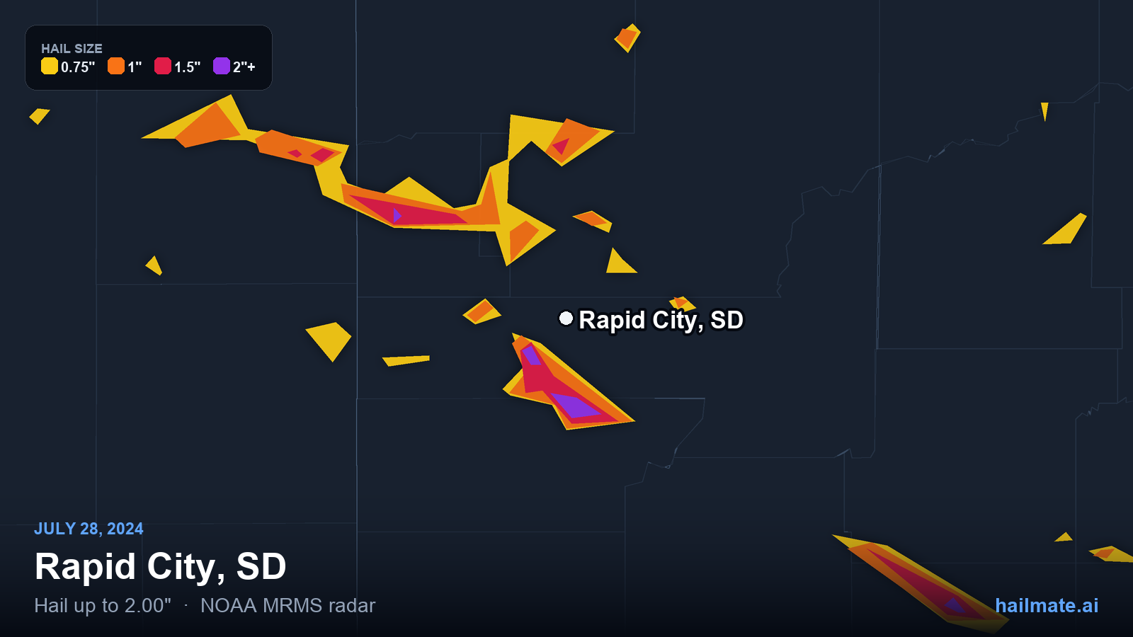 Hail swath map for Rapid City, SD on July 28, 2024 showing 2.00 inch hail.