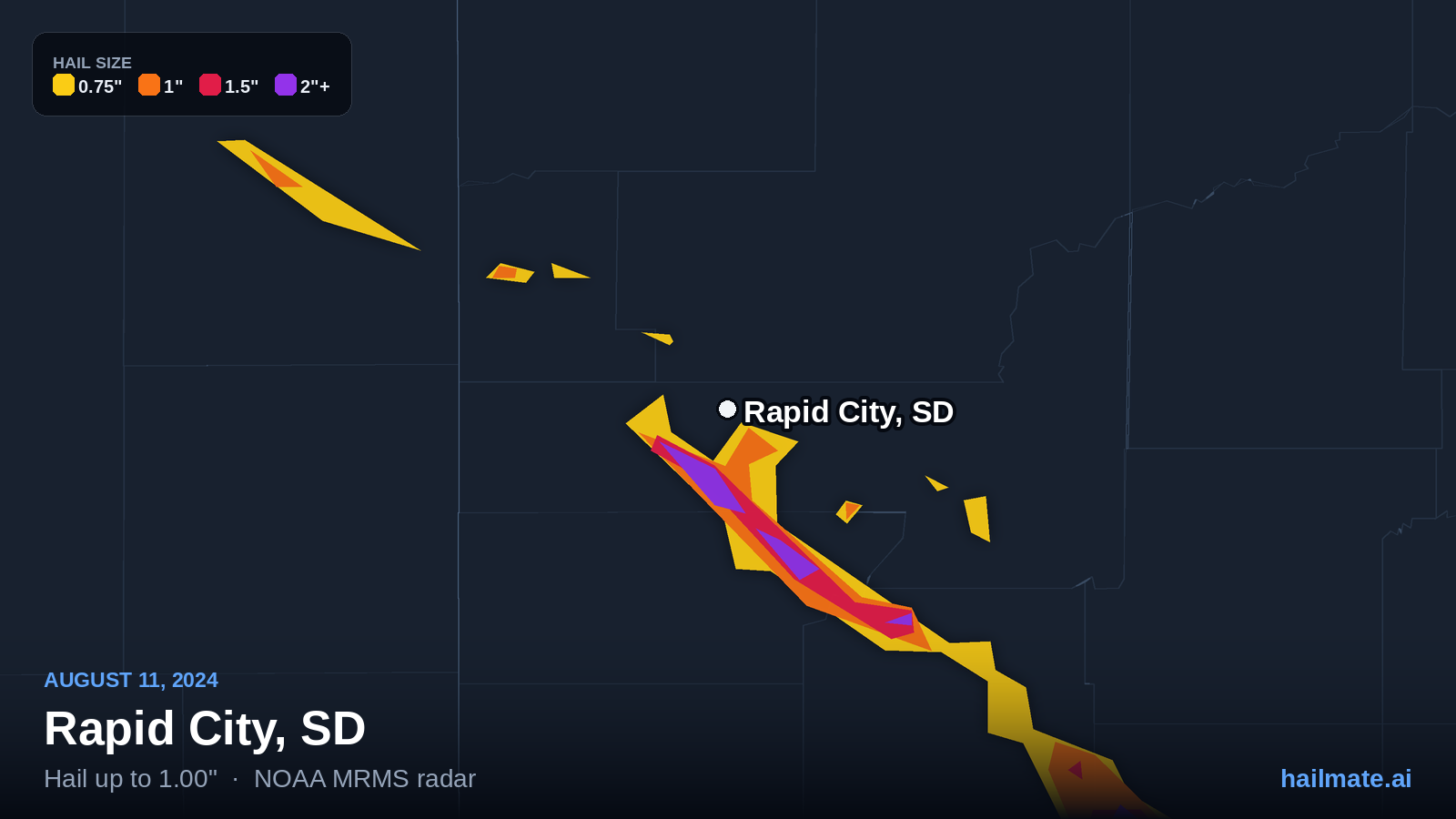 Hail swath map for Rapid City, SD on August 11, 2024 showing 1.00 inch hail.