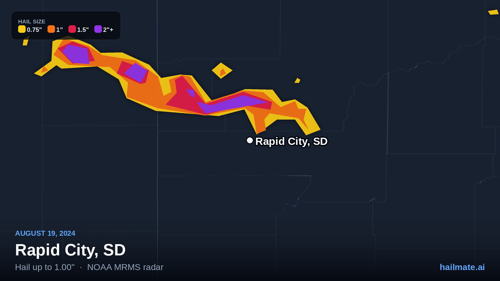 Hail swath map for Rapid City, SD on August 19, 2024 showing 1.00 inch hail.