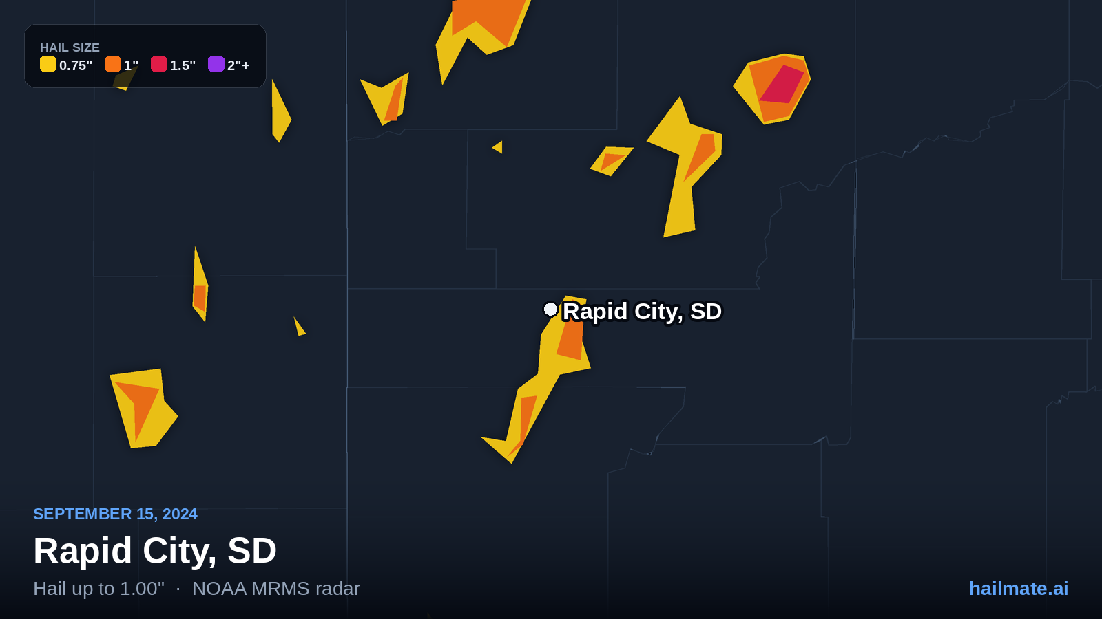Hail swath map for Rapid City, SD on September 15, 2024 showing 1.00 inch hail.