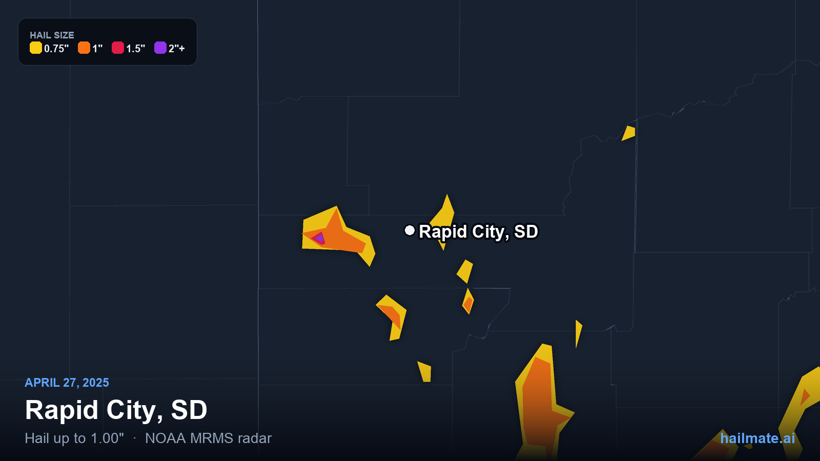 Hail swath map for Rapid City, SD on April 27, 2025 showing 1.00 inch hail.