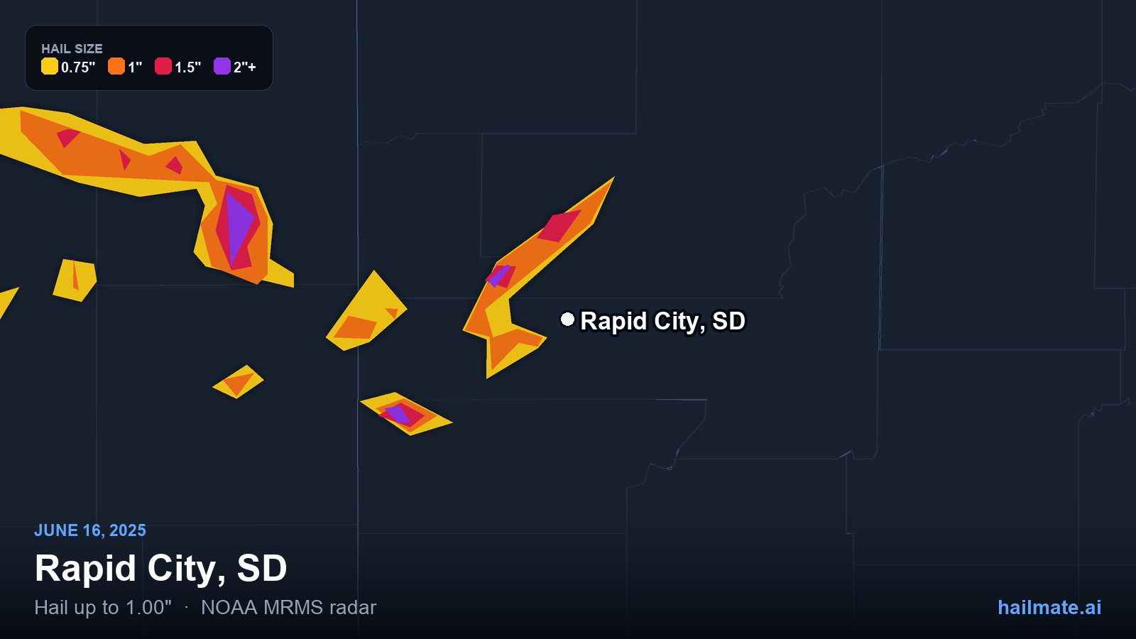 Hail swath map for Rapid City, SD on June 16, 2025 showing 1.00 inch hail.