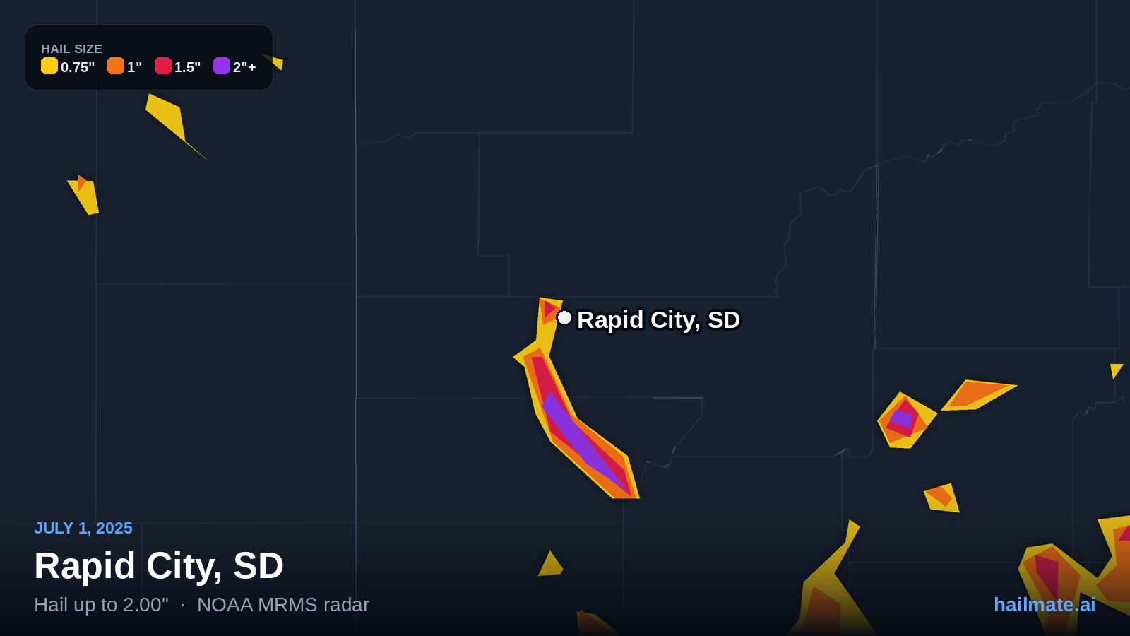 Hail swath map for Rapid City, SD on July 1, 2025 showing 2.00 inch hail.