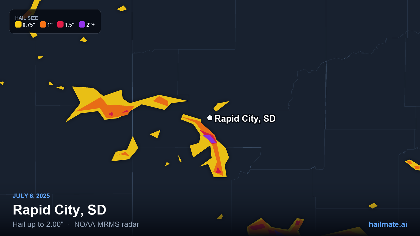 Hail swath map for Rapid City, SD on July 6, 2025 showing 2.00 inch hail.