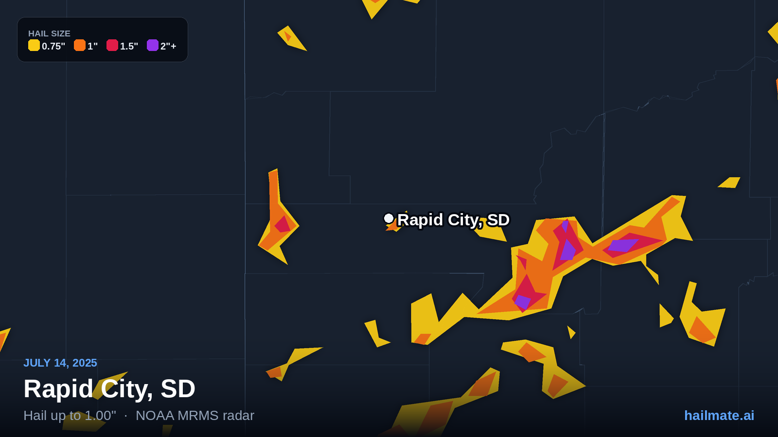 Hail swath map for Rapid City, SD on July 14, 2025 showing 1.00 inch hail.