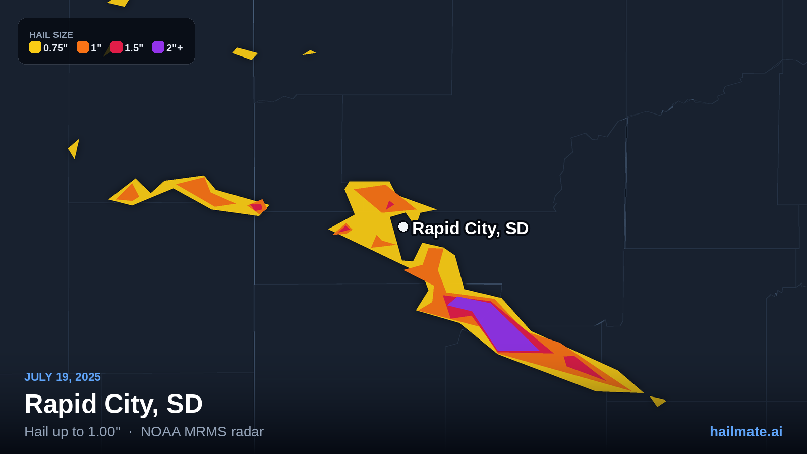 Hail swath map for Rapid City, SD on July 19, 2025 showing 1.00 inch hail.